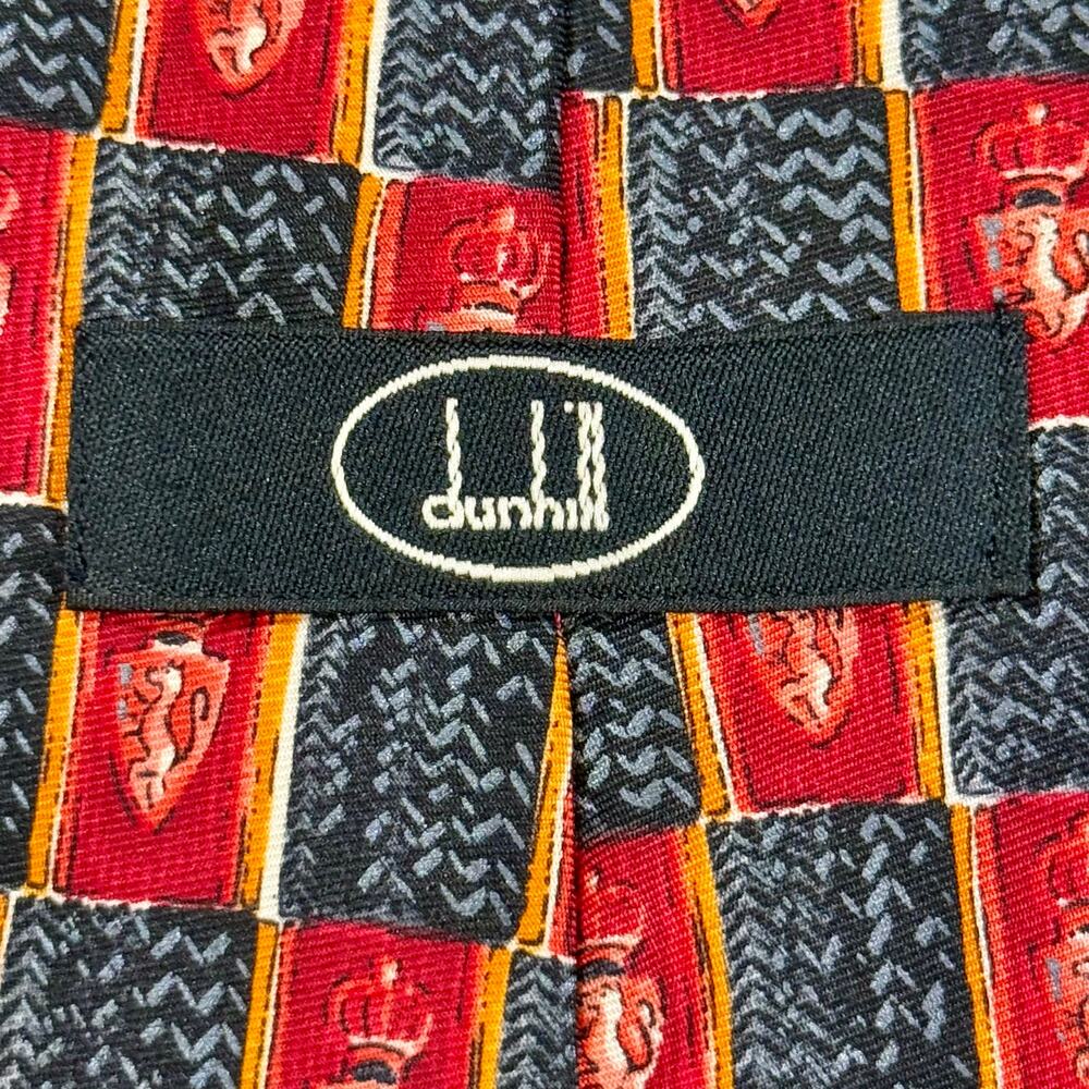 VTG Dunhill‎ 100% Silk Necktie Crest Checkerboard Crown Heraldic Red Black Gold - Picture 7 of 9